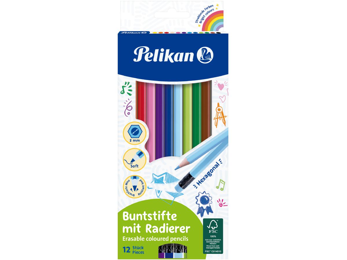 PELIKAN Crayons de couleur/gomme 700689 12 couleurs (4012700700681)