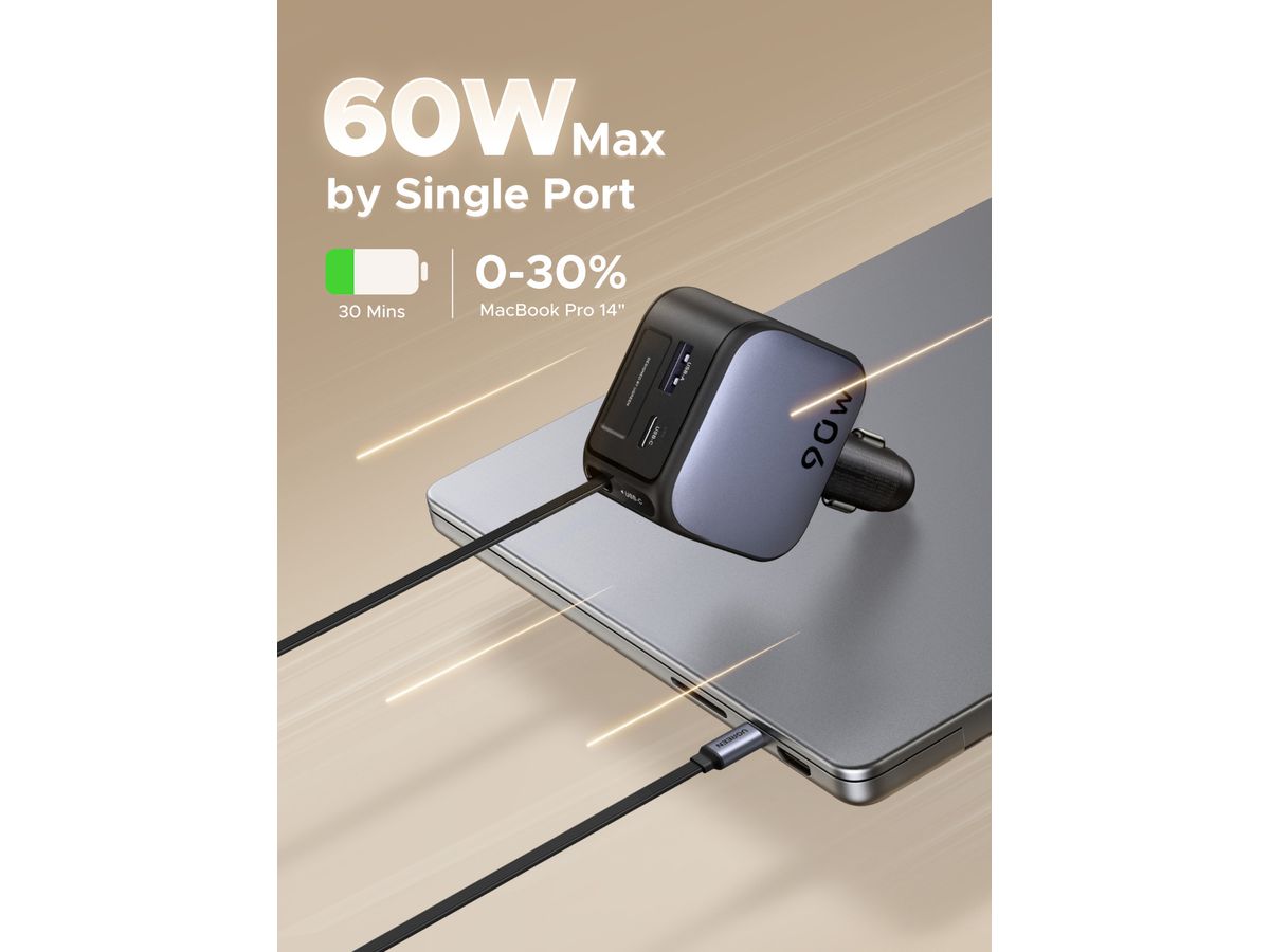 UGREEN Fast Car Charger 2-Port 90W 55909B Retractable Cable (6941876271399)