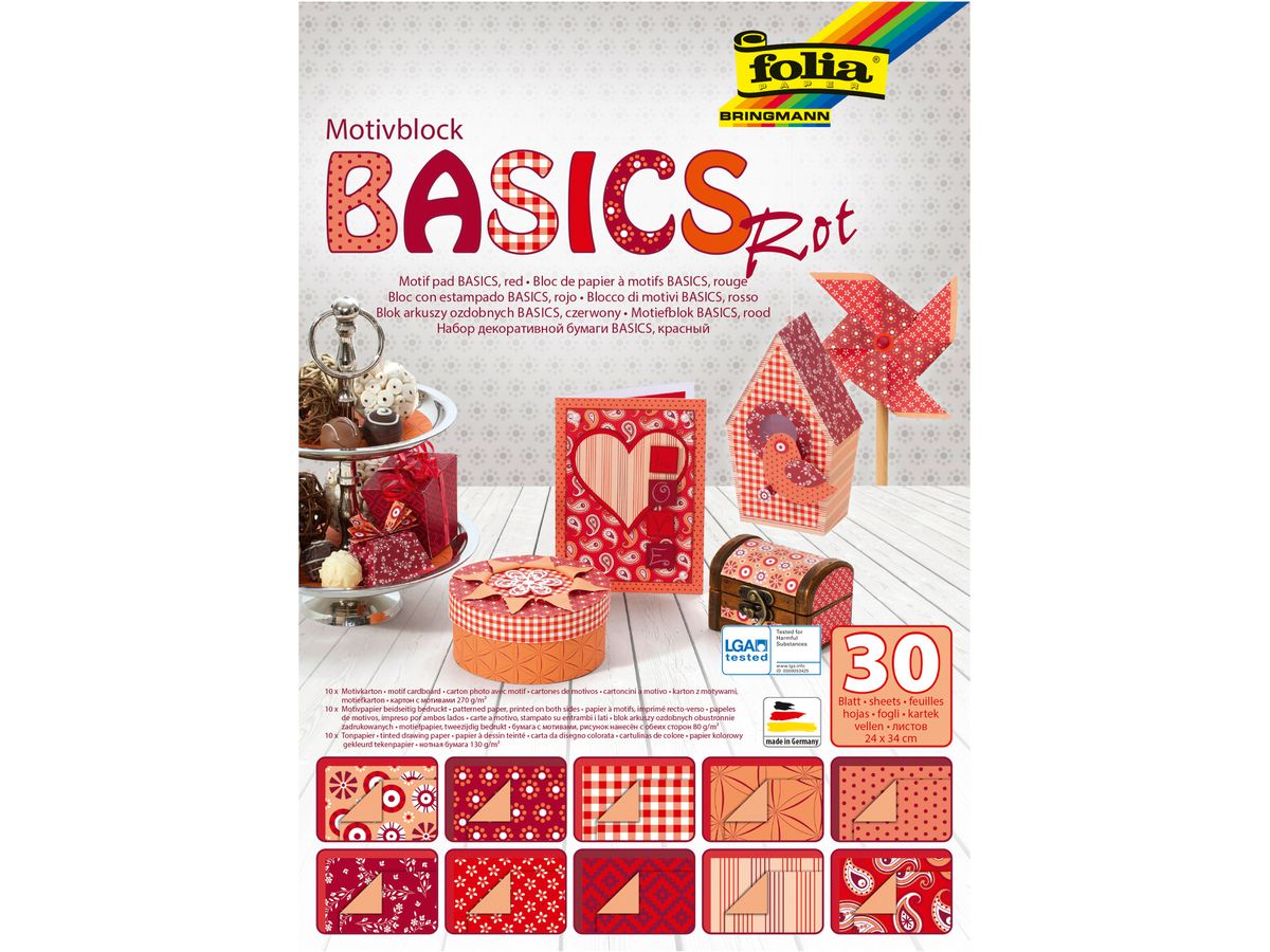 FOLIA Bloc de papier Basic 46249 àmotifs, rouge, 30 pcs. (4001868040012)
