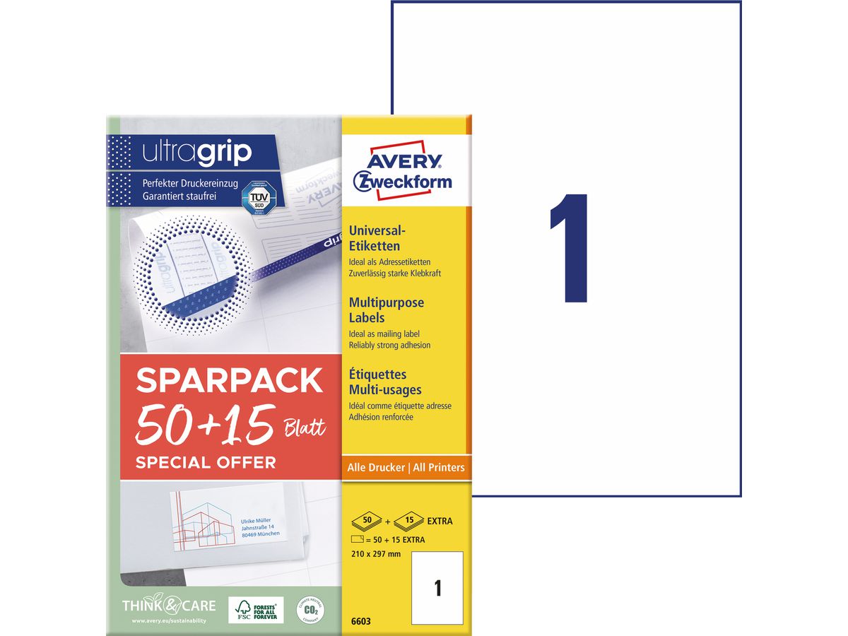 AVERY ZWECKFORM Universal-Etiketten 210x297mm 6603 weiss 65 Stk./65 Blatt (4004182066034)