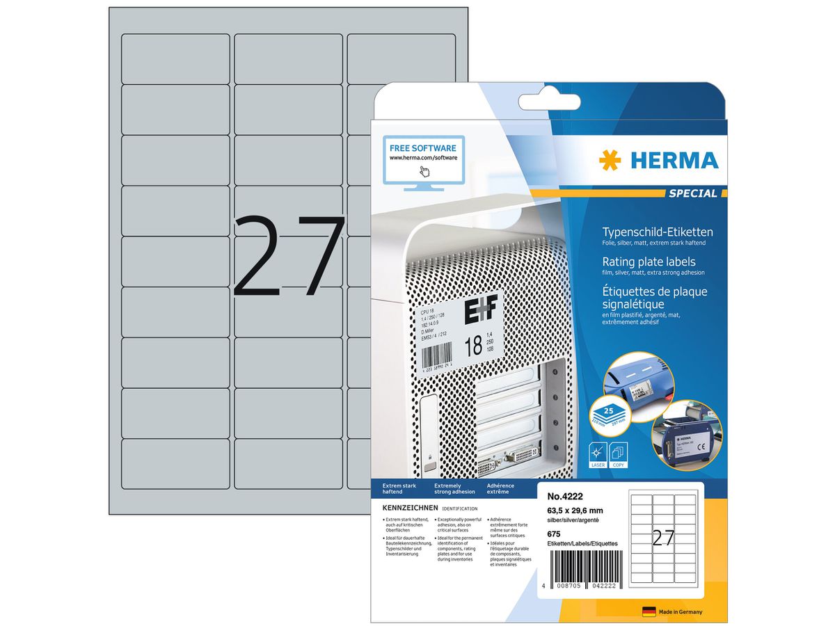 HERMA Etiketten SPECIAL 63.5x29.6mm 4222 silber,ex.perm. 675 St./25 Bl. (4008705042222)