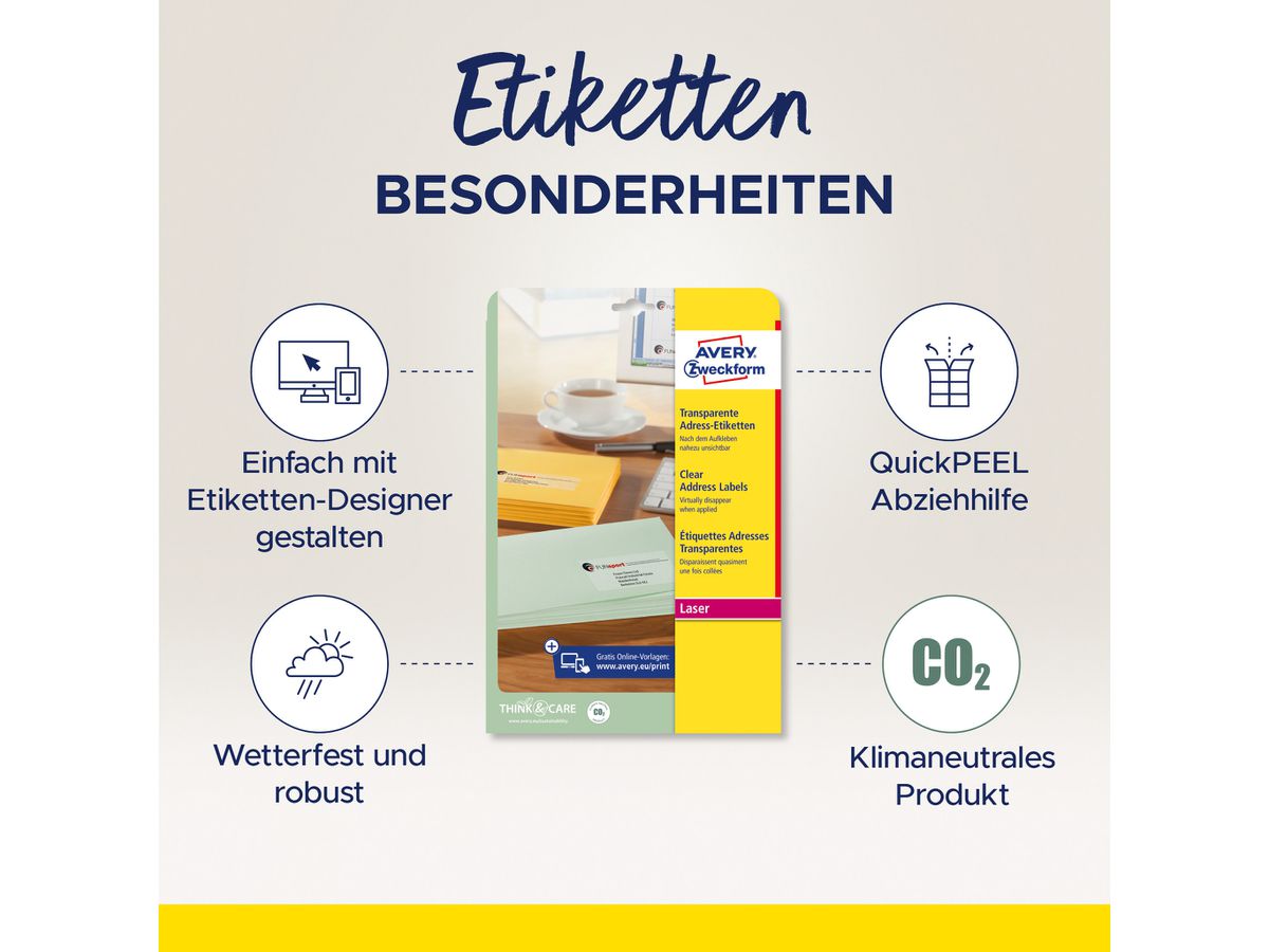AVERY ZWECKFORM Etiquettes Laser 38x21,2mm L7551-25 transparent 1625 pcs./25 flls. (4004182967454)