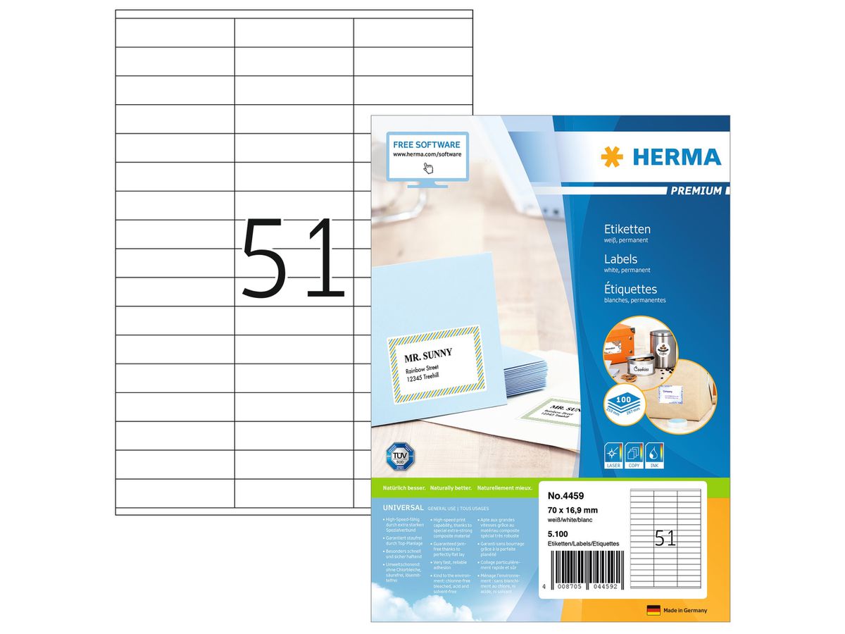 HERMA Universal-Etiketten 70x16,9mm 4459 weiss 5100 St./100 Blatt (4008705044592)