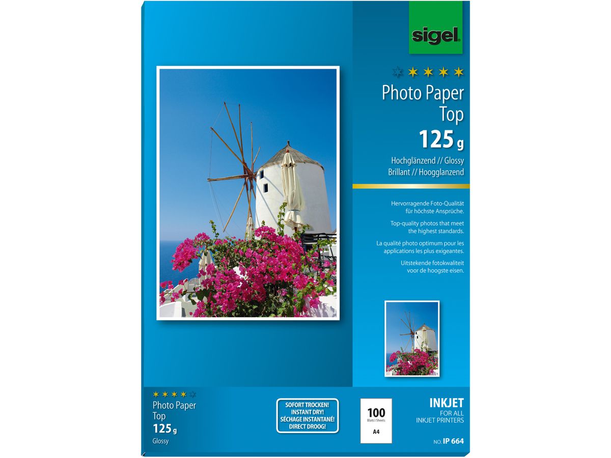 SIGEL InkJet Fotopapier A4 IP664 125g,glossy, weiss 100 Blatt (4004360996863)