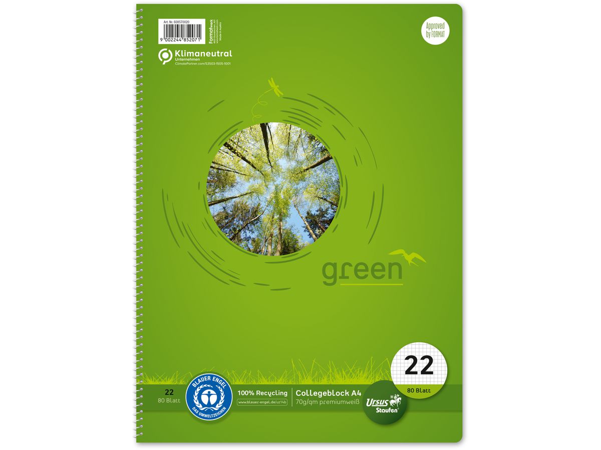 URSUS Collegeblock green A4 608570020 quadrillé 5mm, 70g 80 flls. (9002244852071)