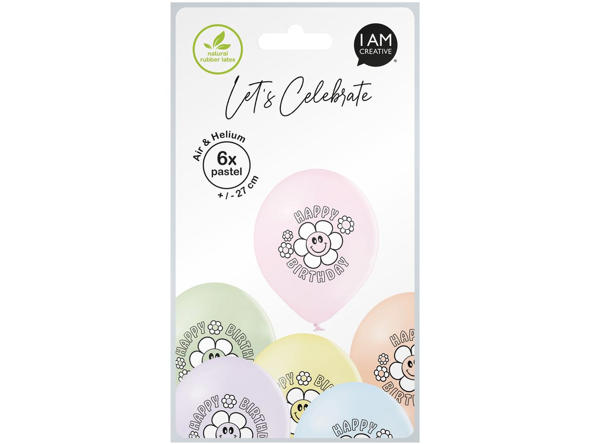 I AM CREATIVE Palloncini Happy Birthday 27cm 1000-1070 pastello 6 pezzi (7611983246960)