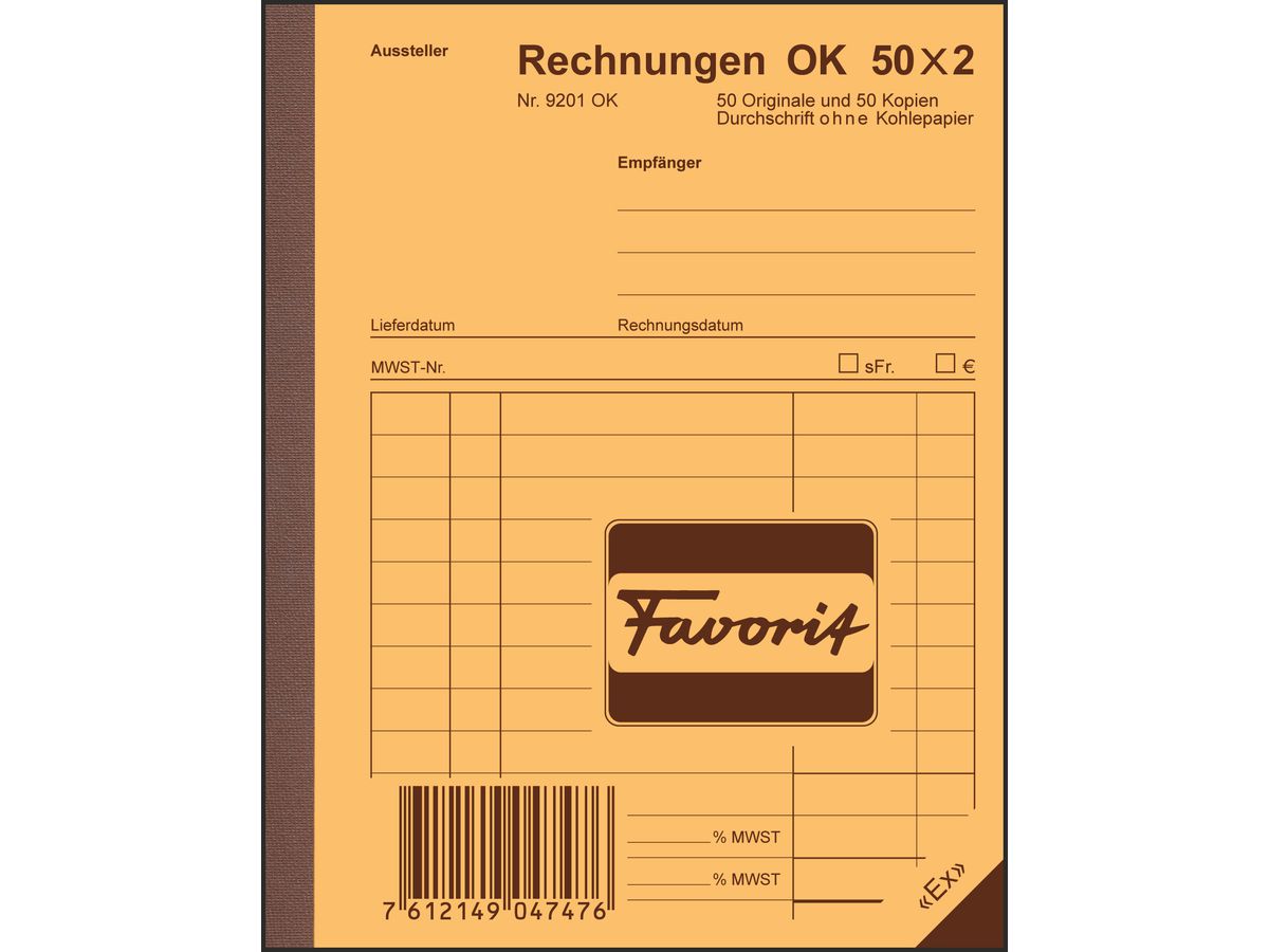 FAVORIT Bloc-notes form. factures A6 9201 OK papier autocopiant 50x2 flls. (7612149047476)