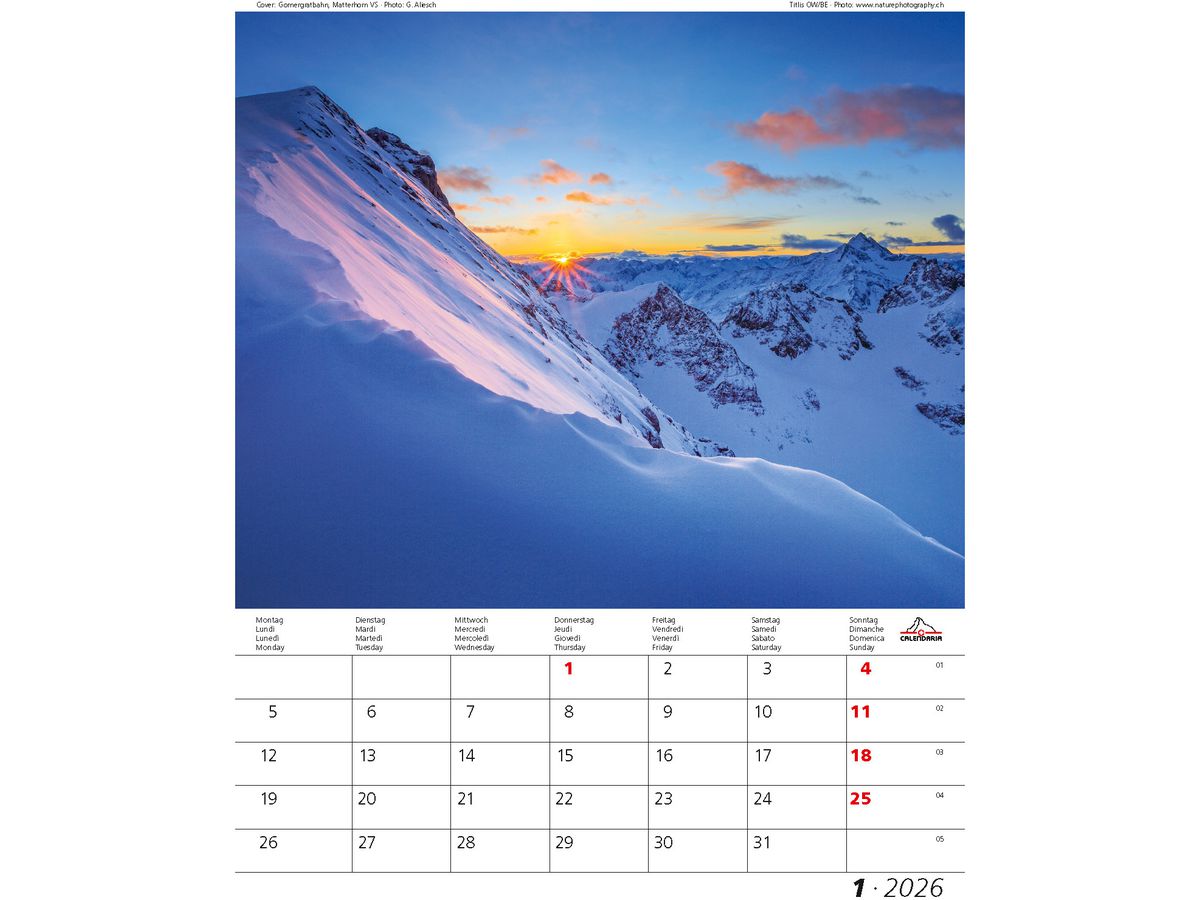 CALENDARIA Bildkalender 2026 9783036205304 Berge + Täler ML 31x40cm (9783036205304)