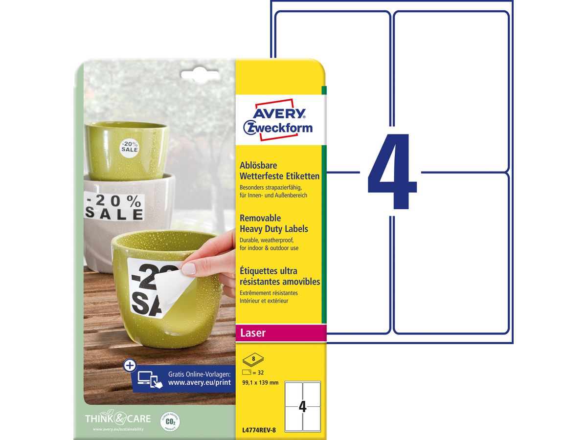 AVERY ZWECKFORM Etichette laser 99,1x139mm L4774REV8 white, weather pr. Remov. 8 f. (4004182076064)