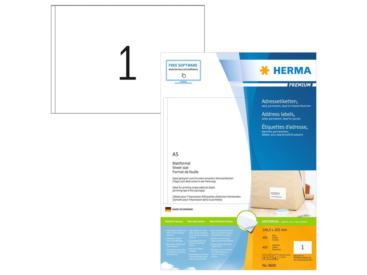 HERMA Etiketten PREMIUM 148.5x205mm 8690 weiss,perm. 400 St./400 Bl. (4008705086905)