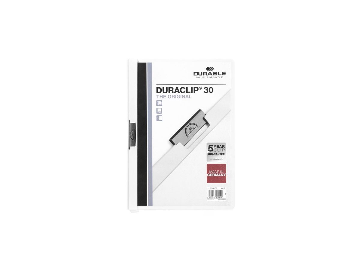 DURABLE Classeur à pince DURACLIP 30 220002 pour 30 feuilles A4 blanc (4005546210292)