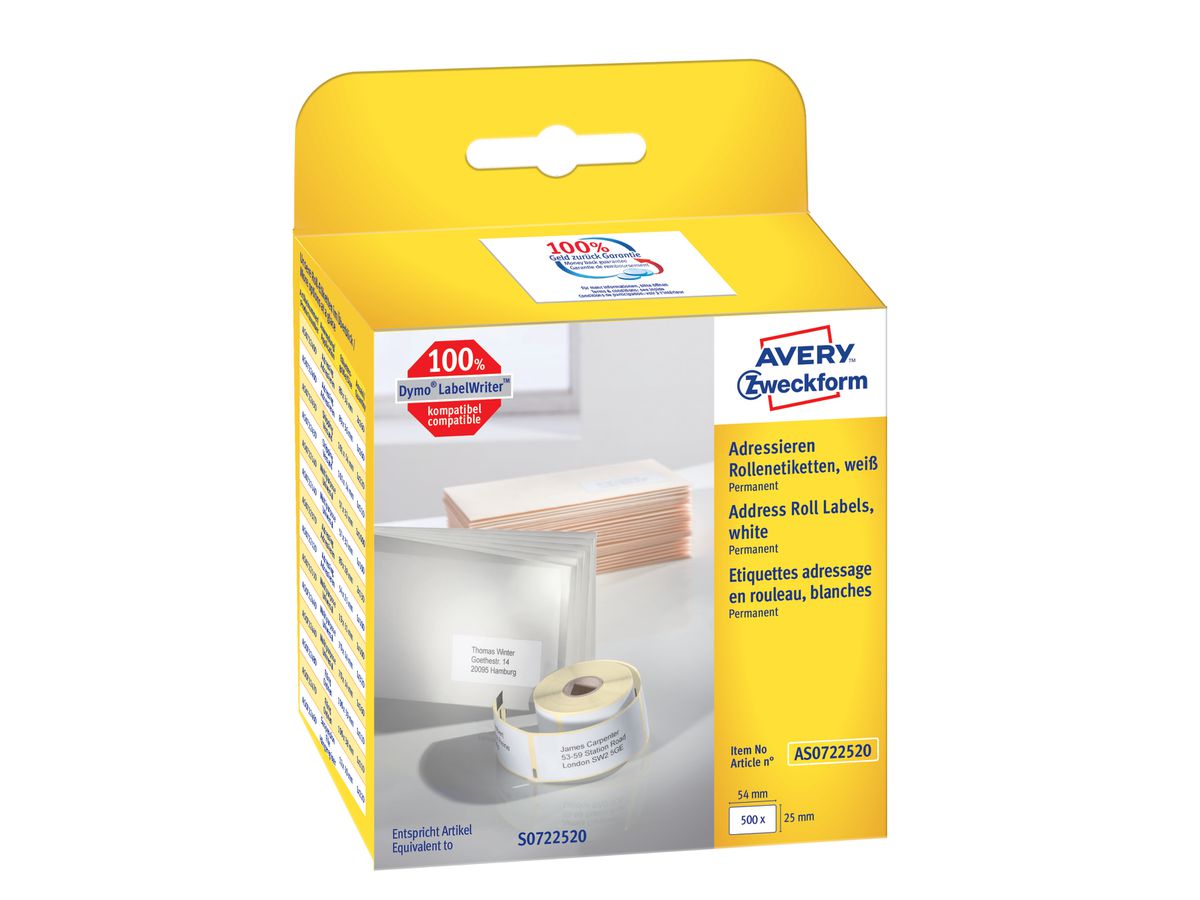 AVERY ZWECKFORM Adress-Etiketten 54x25mm AS0722520 weiss, Rolle 500 Stück (4004182617038)