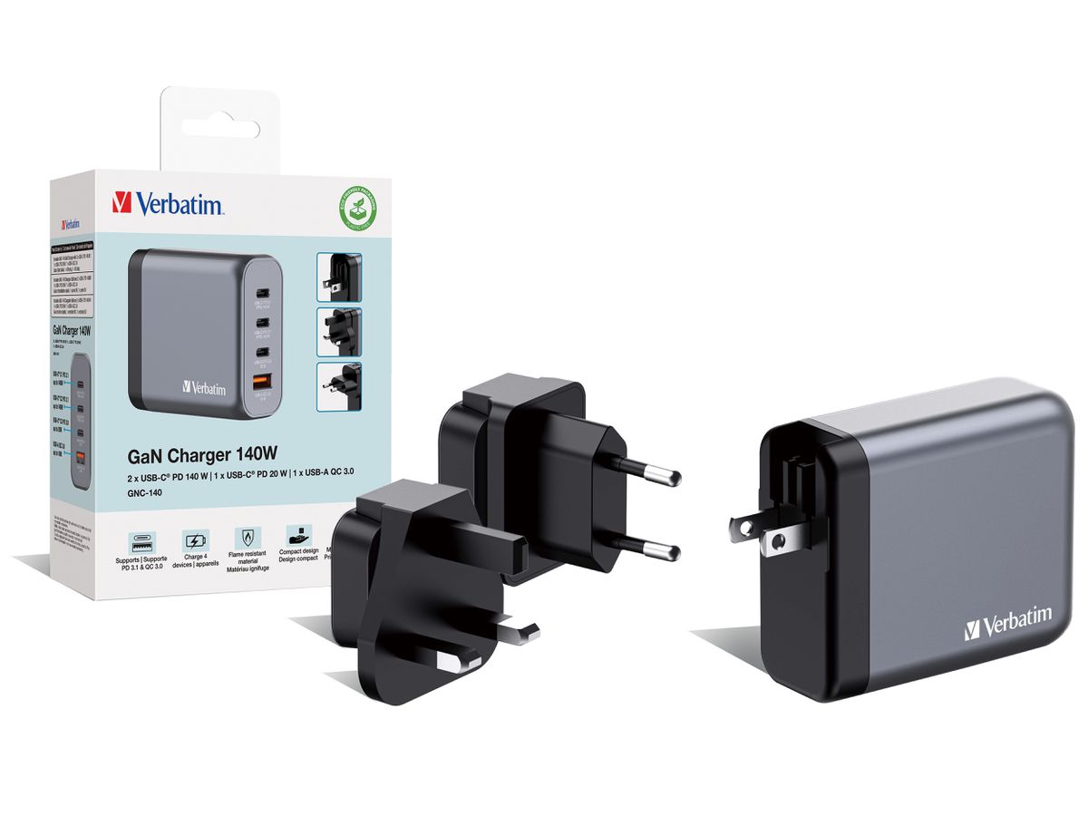 VERBATIM Charger 140W GaN grey 32203 3xUSB-C 1xUSB-A +Adapter UK/US (0023942322030)