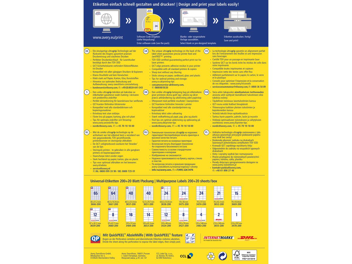AVERY ZWECKFORM Etichette 105x48mm 3424-200 bianco 2640 pz./200+20 fogli (4004182249581)