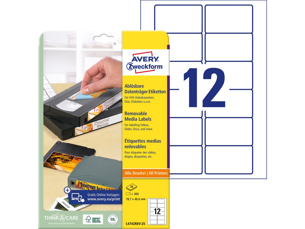 AVERY ZWECKFORM Etichette Video 78,7x46,6mm L4742REV-25 bianco,non-perm. 300pz./25fl. (4004182047422)