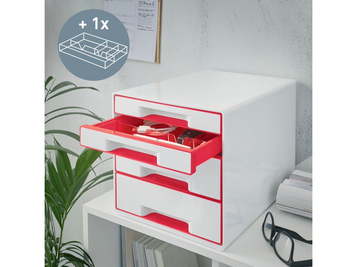LEITZ Schubladenbox WOW Cube A4 5213-20-26 weiss/rot, 4 Schubladen (4002432135172)
