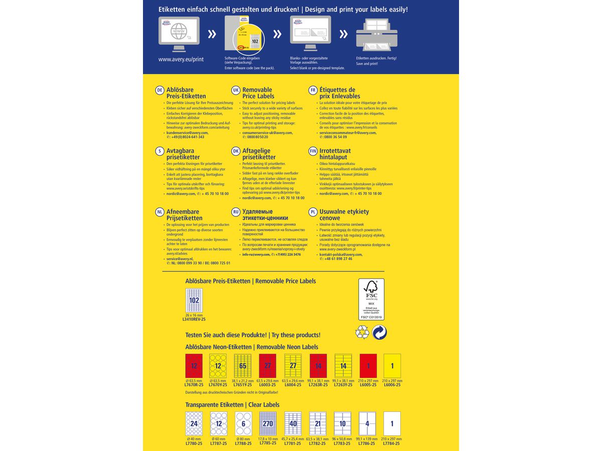AVERY ZWECKFORM Etichette prezzo 26×16mm L3410REV2 bianco 2550 pezzi (4004182634103)
