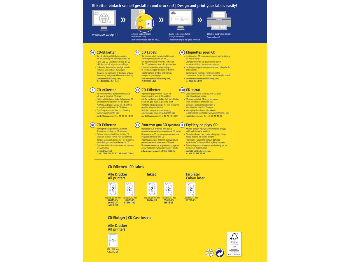 AVERY ZWECKFORM Étiqu. pour CD SuperSize 117mm L7676-25 blanc, permanent 25x2 pcs. (4004182236529)