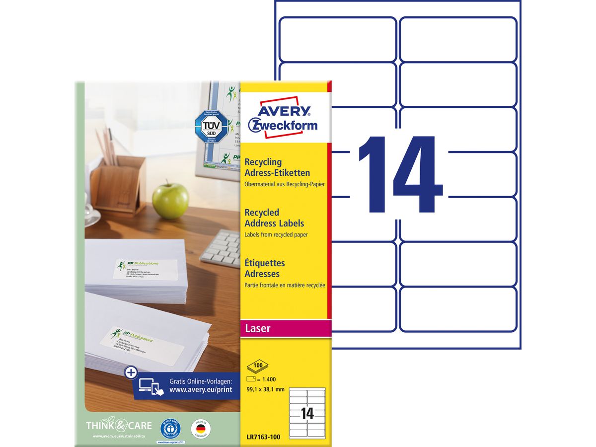 AVERY ZWECKFORM Adressetiketten 99,1x38,1mm LR7163100 recycling 1400 Stück (4004182651629)