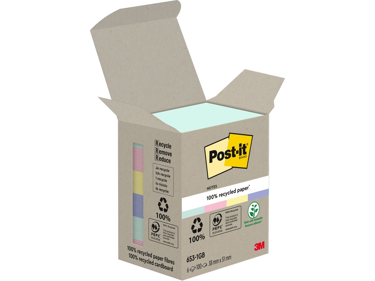 POST-IT Bloc-notes Recycling 38x51mm 653-1GB arc en ciel 6x100 feuilles (4054596928350)