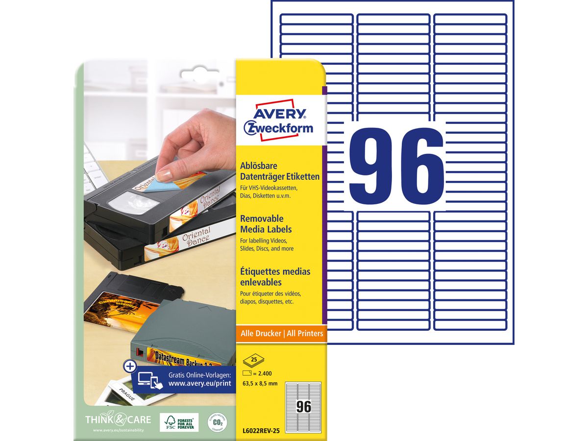 AVERY ZWECKFORM Etiquettes 63,5x8,5mm L6022REV2 Data Cartridge 2400 pcs. (4004182060223)