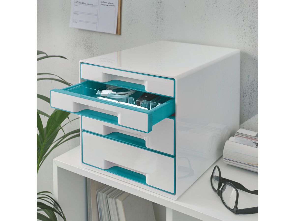 LEITZ Schubladenbox WOW Cube A4 52132051 weiss/eisblau, 4 Schubladen (4002432115372)
