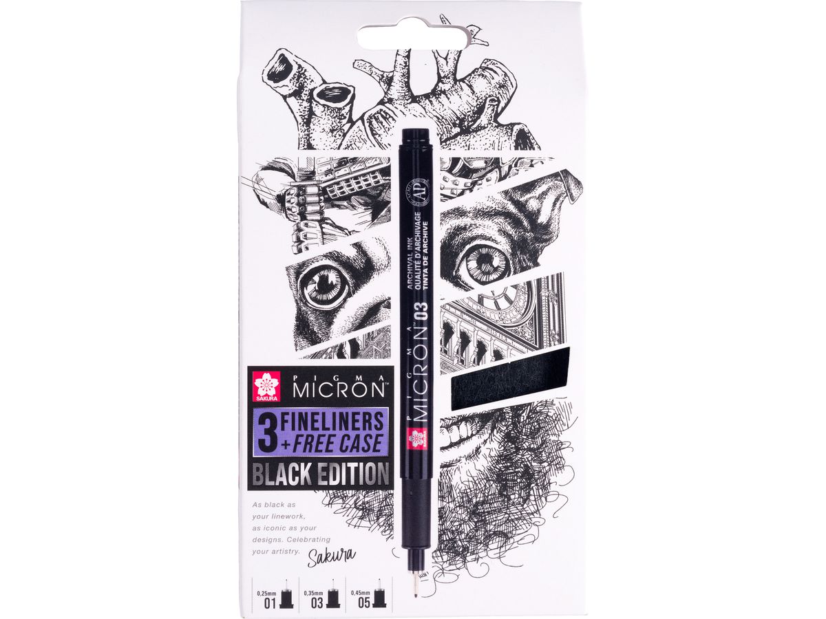SAKURA Pigma Micron Set 0.1-0.50mm POXSDKB3 avec étui à stylos 3 pièces (8712079514785)