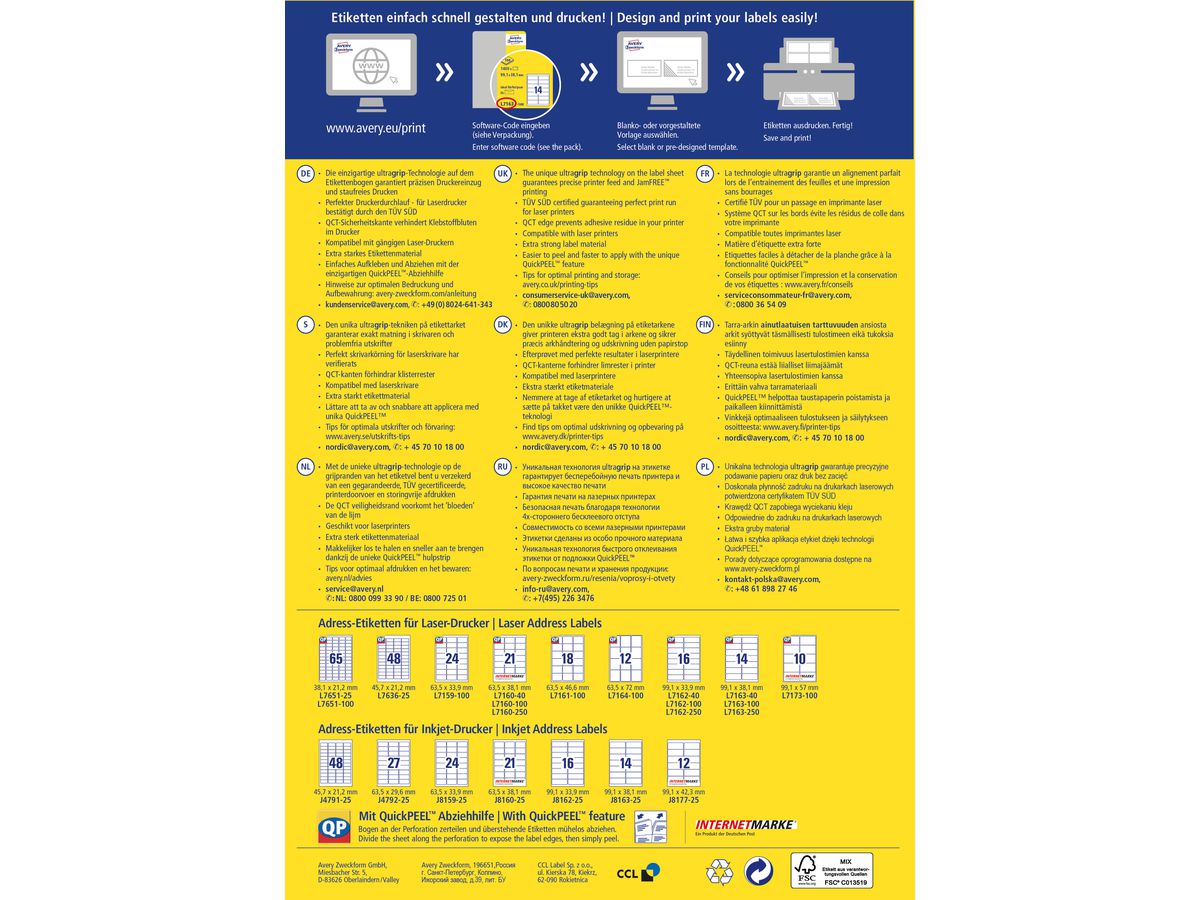 AVERY ZWECKFORM Adressetiketten 38,1x21,2mm L7651-100 weiss 6500 Stk./100 Blatt (4004182476512)
