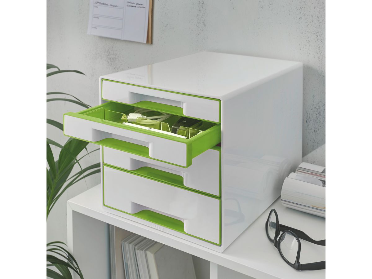 LEITZ Schubladenbox WOW Cube A4 5213-20-54 weiss/grün, 4 Schubladen (4002432115396)