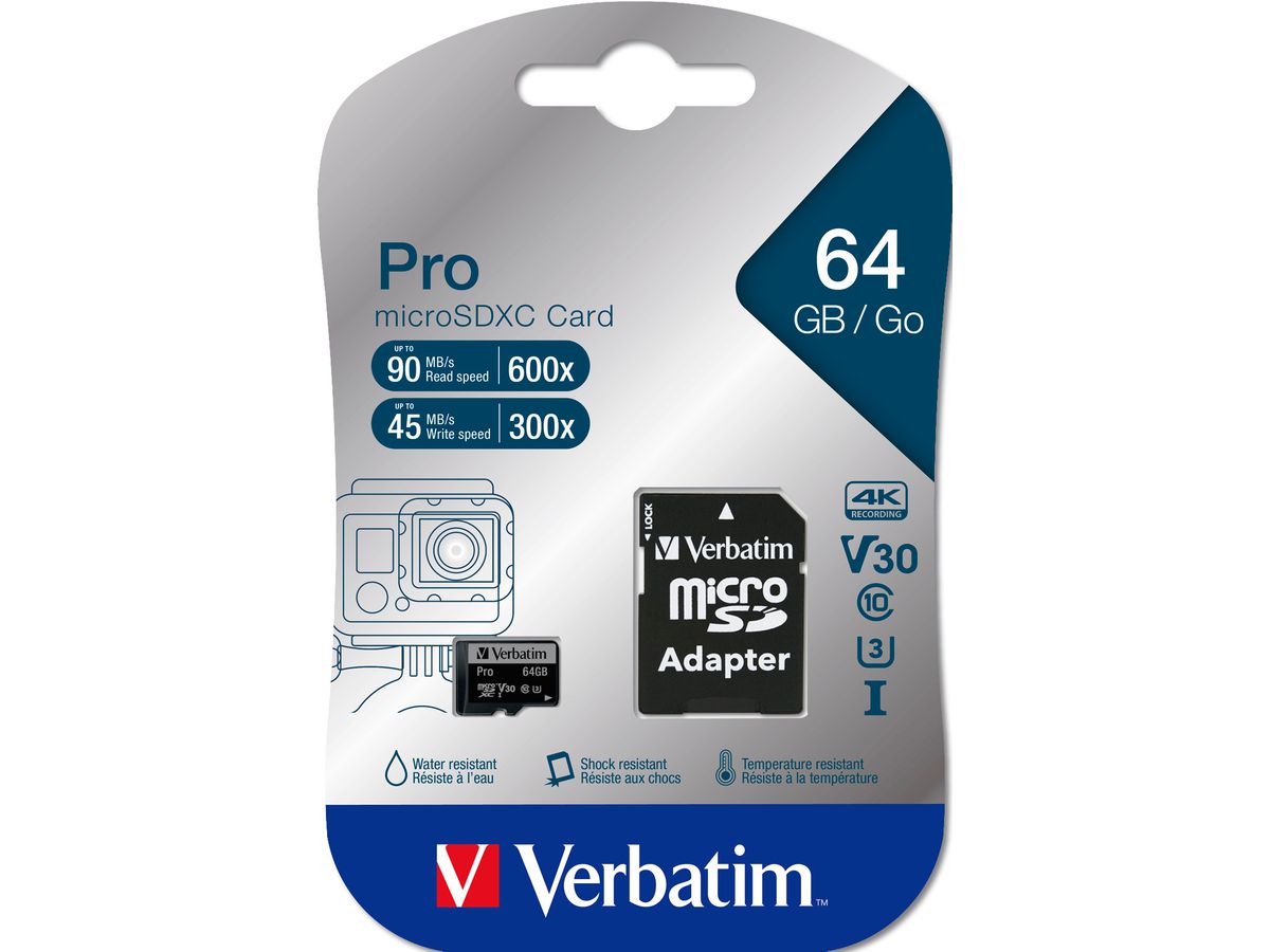 VERBATIM Micro SDXC Pro U3 64GB 47042 Read 90MB/sec. Write 45MB/sec (0023942470427)