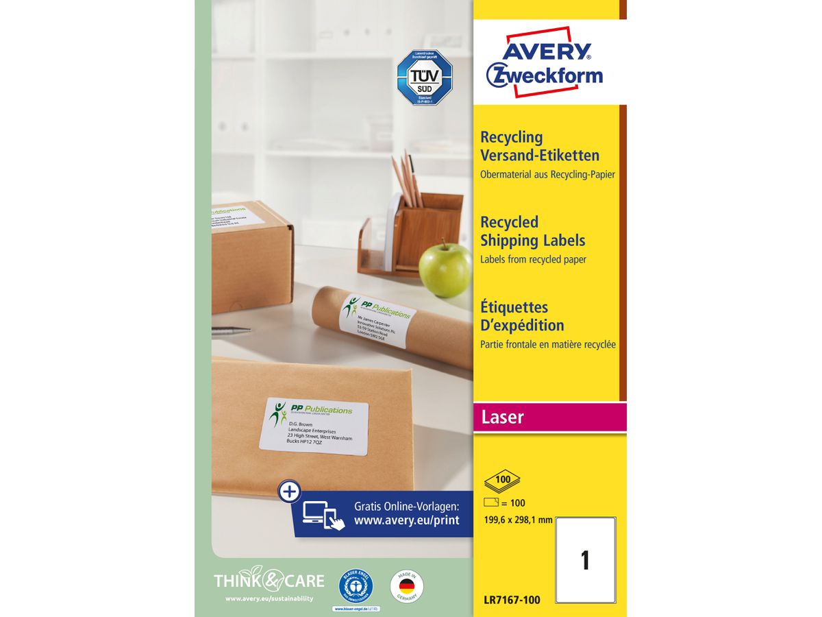 AVERY ZWECKFORM Adressetiketten 199,6x289,1mm LR7167100 recycling 100 Stück (4004182651650)