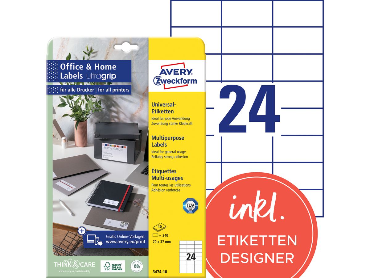 AVERY ZWECKFORM Etiquettes universel 70x37mm 3474-10 blanc 240 pcs./10 flls. (4004182617571)