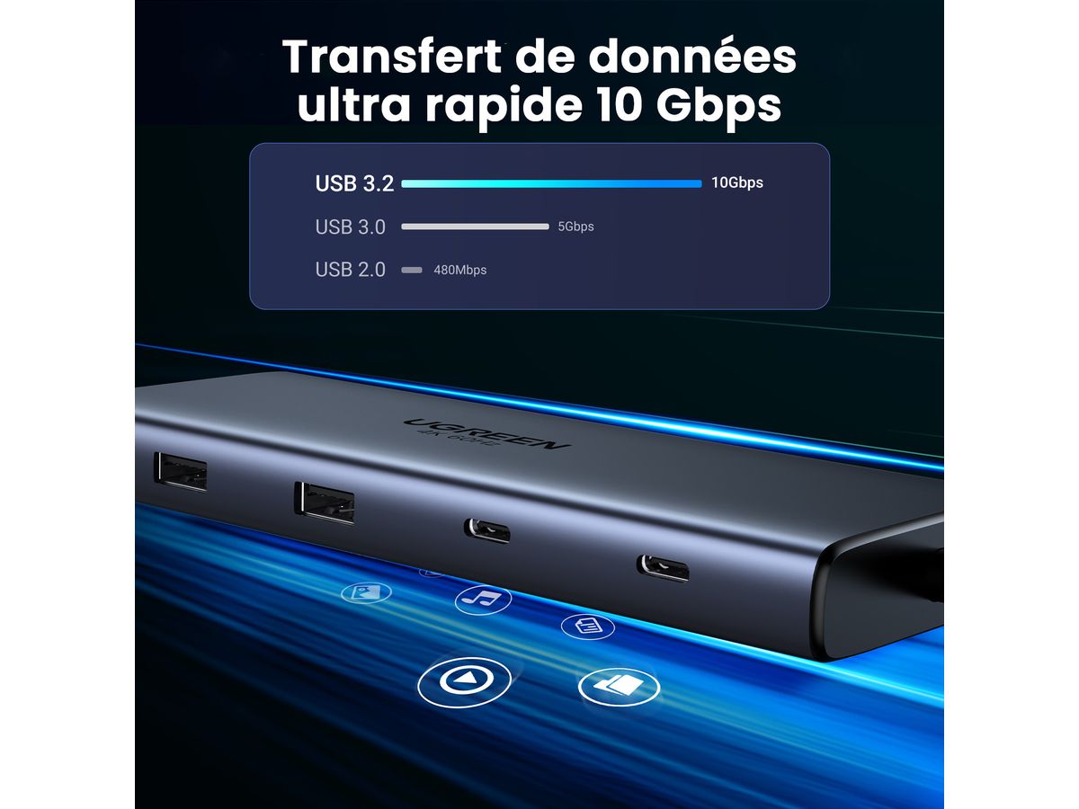 UGREEN 10-in-1 USB-C Hub 45380 10Gbps 4k60Hz, 100W, Gray (6941876243808)
