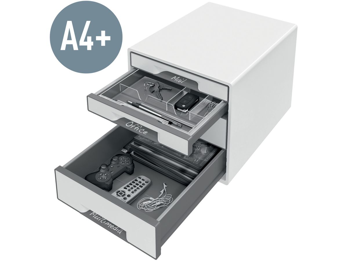 LEITZ Schubladenbox WOW Cube A4 5213-20-26 weiss/rot, 4 Schubladen (4002432135172)