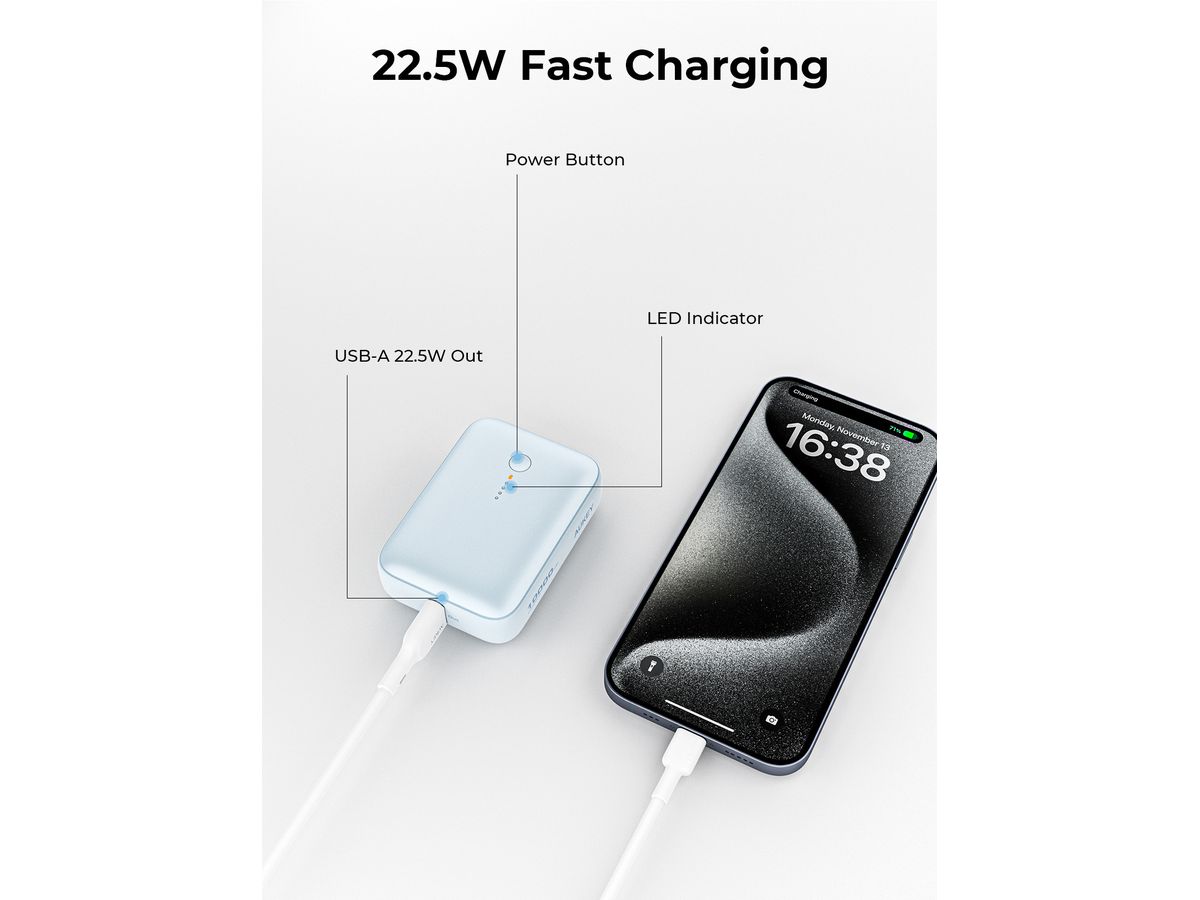 AUKEY Spark Mini 10000, 20W, PD,QC PB-Y55 BL Powerbank,Blue,USB-C,USB-A (0689323789306)