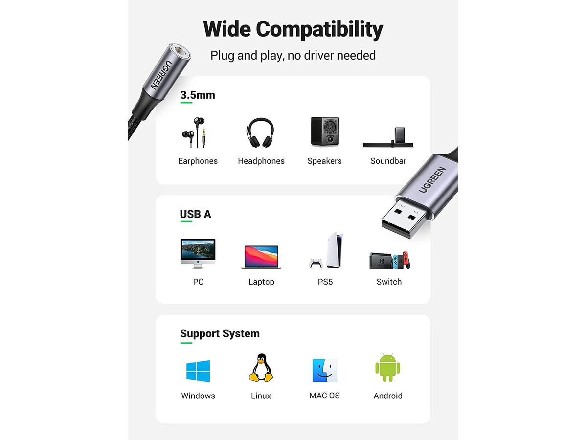 UGREEN Audio Adapter USB 2.0,3.5mm 30757 BB Aluminum Alloy 25cm,Grey BB (6957303837571)
