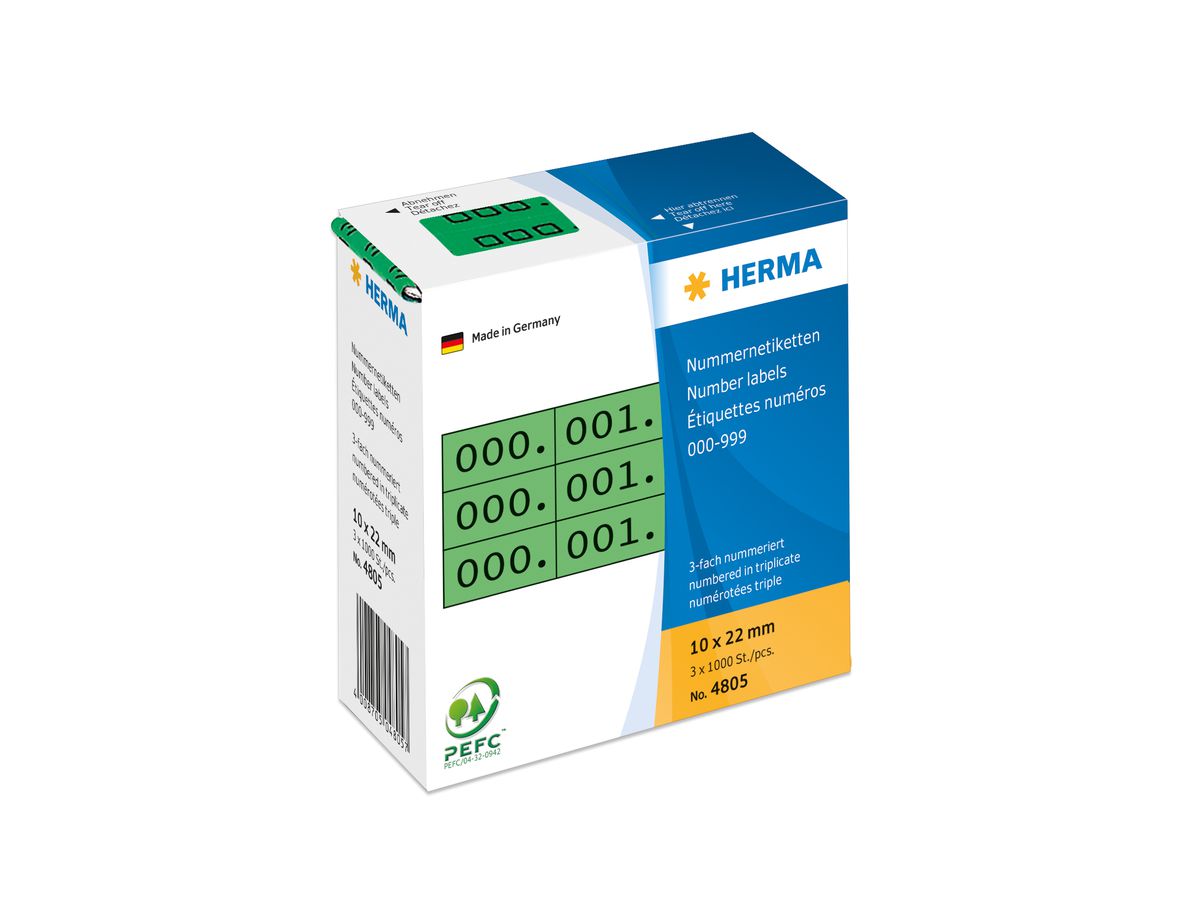 HERMA Dreifach-Nummern 22x10mm 4805 grün, 0-999 1000 Stück (4008705048057)