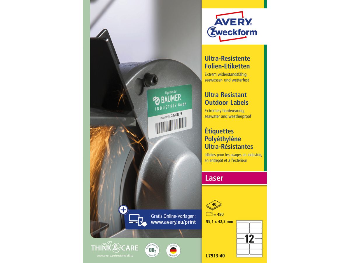 AVERY ZWECKFORM Etiketten 99.1x42.3mm L7913-40 weiss,ultra-resistent 40 Blatt (4004182050002)