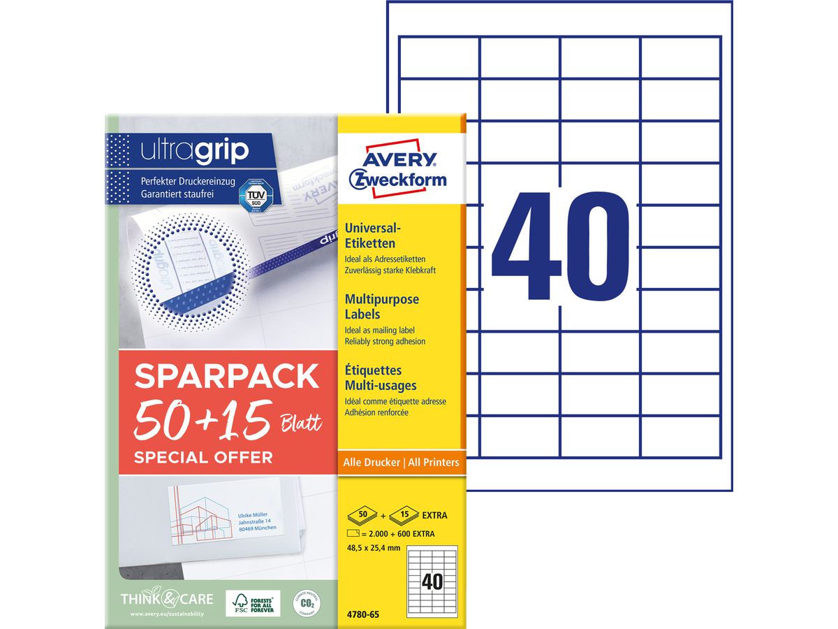 AVERY ZWECKFORM Universal-Etiketten 485x254mm 4780-65 weiss 50+15 Blatt (4004182347805)