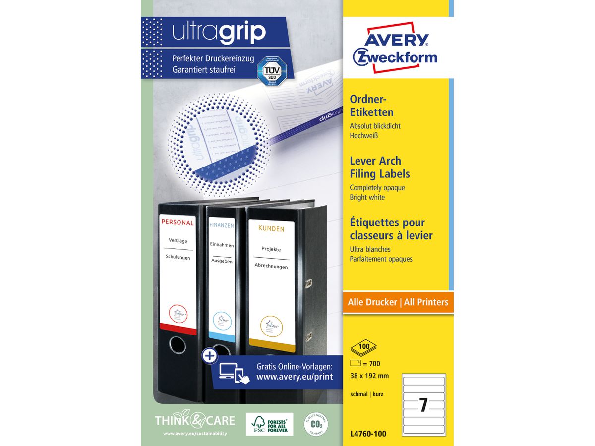 AVERY ZWECKFORM Ordner-Etiketten 38x192mm L4760-100 weiss 700 Stück/100 Blatt (4004182036891)