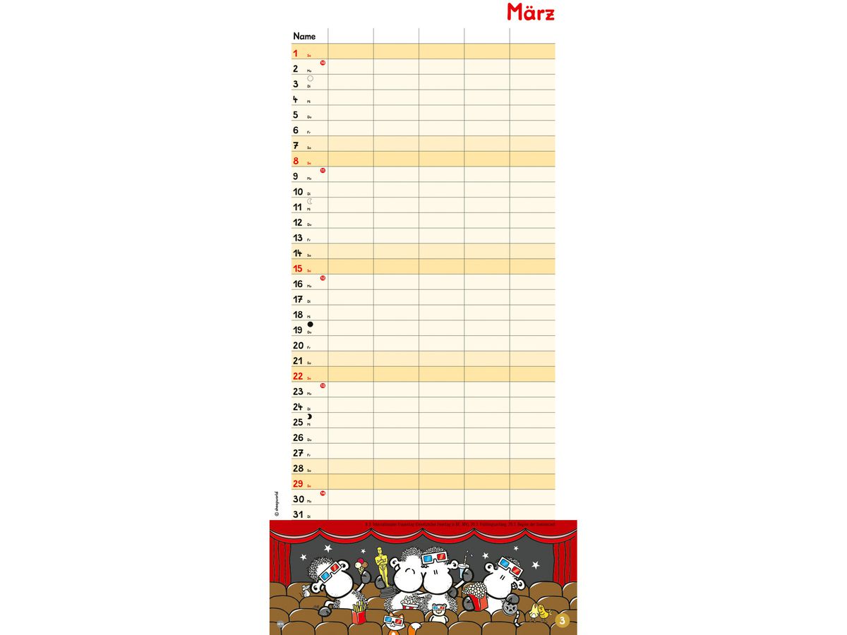 HEYE Familienplaner Sheepworld 2026 22343+26 1M/1S DE 5 Spalten 21x45cm (9783756410934)