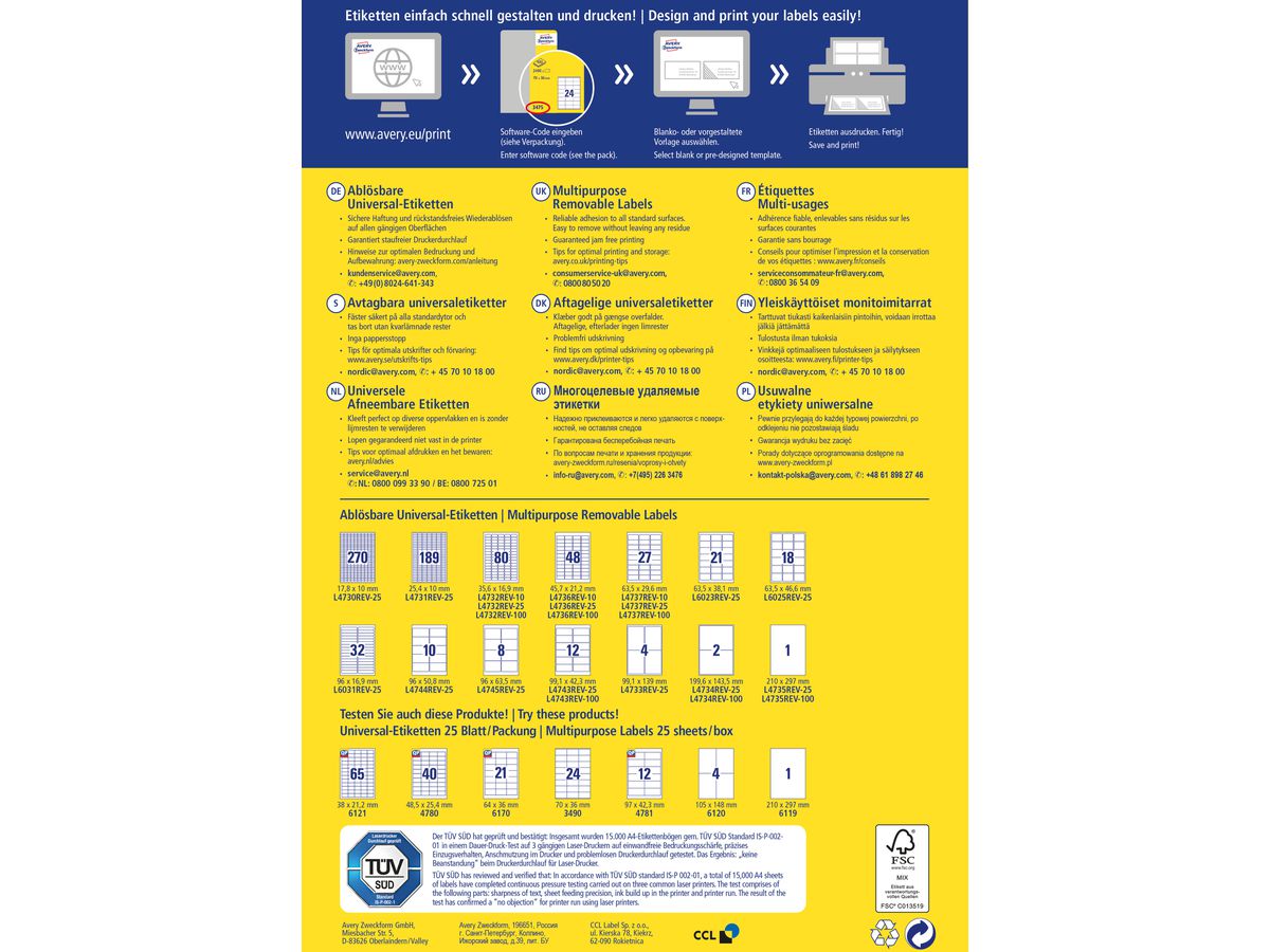 AVERY ZWECKFORM Universaletiketten 99,1x42,3mm L4743REV-100 weiss,non-perm. 1200St./10 B. (4004182433317)