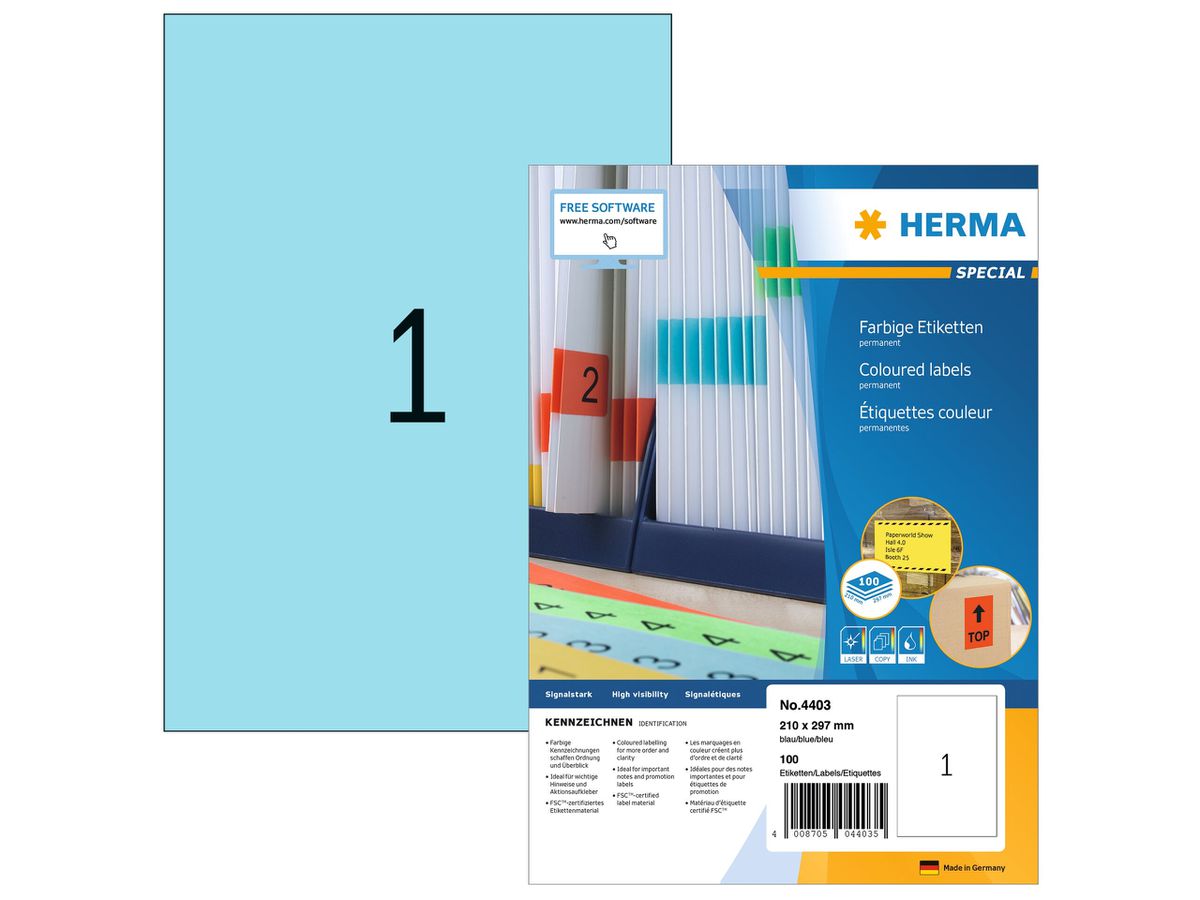 HERMA Etichette SPECIAL 210x297mm 4403 blu,perm. 100 pz./100 fogli (4008705044035)