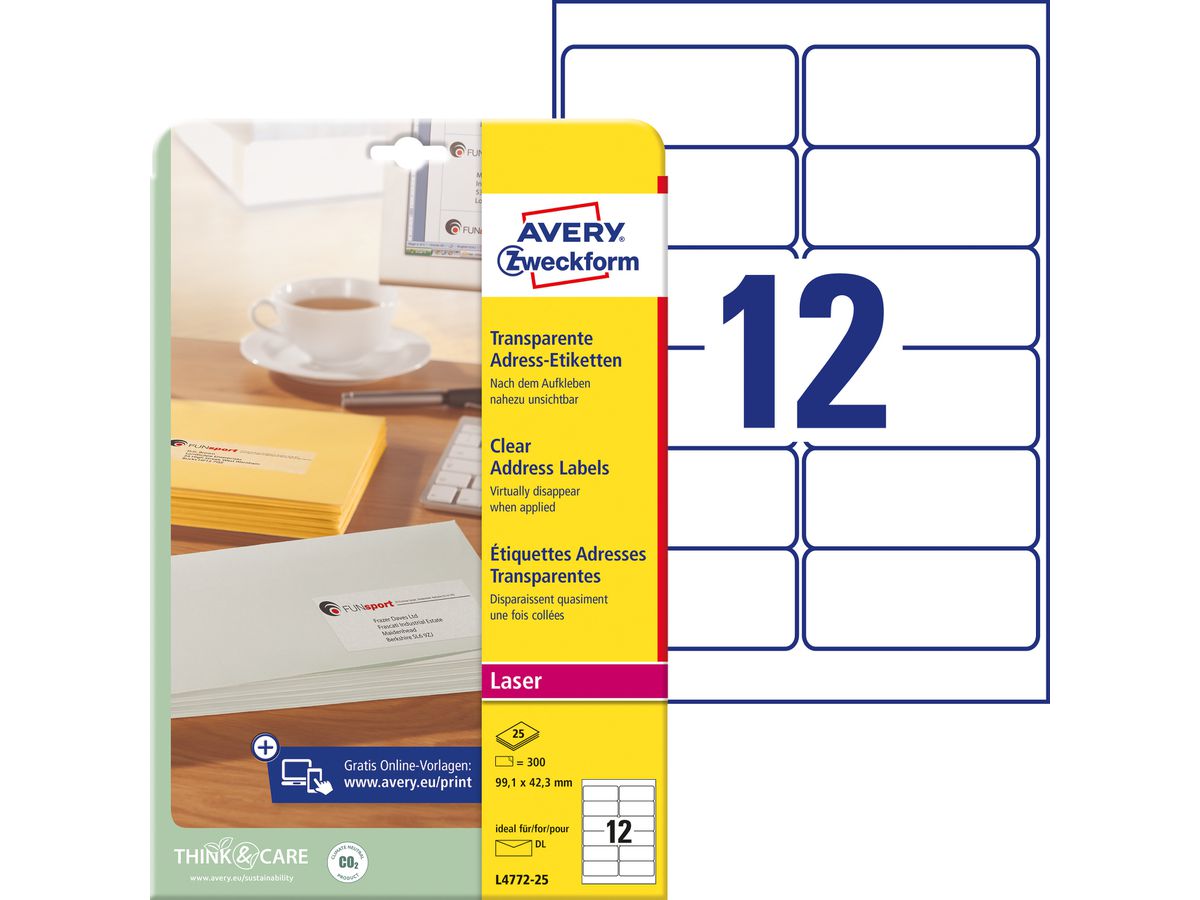 AVERY ZWECKFORM Mailing etichette 99,1x42,3mm L4772-25 Laser, tras. 300pz./25fl. (4004182047729)