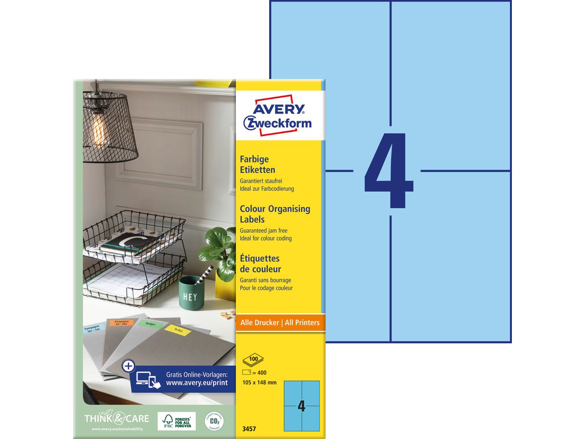 AVERY ZWECKFORM Etiquettes 105x148mm 3457 Universel, bleu 10fl./4pc. (4004182034576)