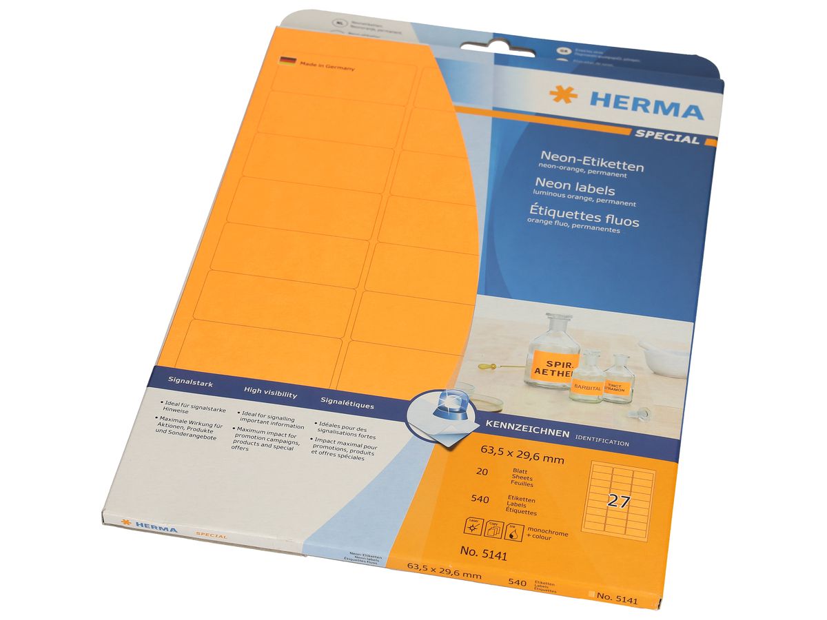 HERMA Etiquettes 63.5x29.6mm 5141 neon orange 540 pcs./20 flls. (4008705051415)