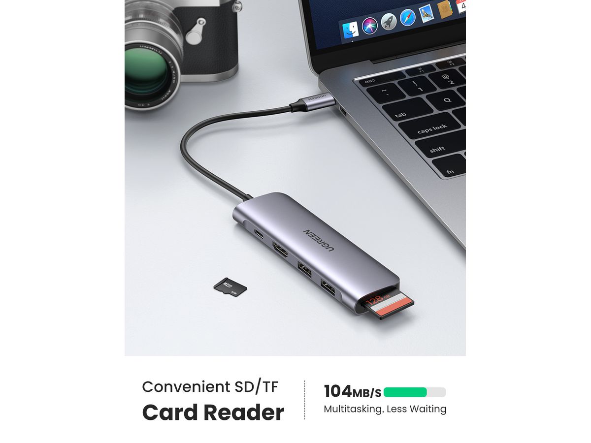 UGREEN USB-C Hub 6in1, Silver 70411 HDMI,2xUSB-A,SD TF,USB-C PD (6957303874118)