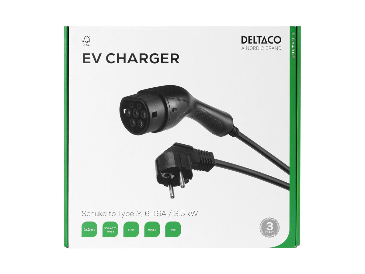 DELTACO e-Charge cable Schuko,Type 2 EV-1233 6-16A, 3.5 kW, 5.5m, Black (7333048066978)