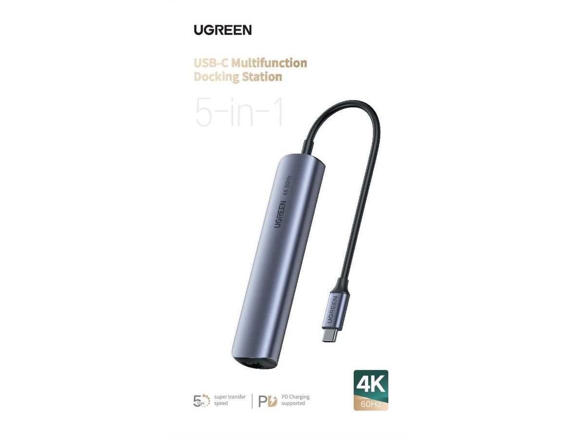 UGREEN USB-C Hub 5in1, Silver (BB) 10919 HDMI,RJ45,2xUSB-A,USB-C PD (6957303819195)