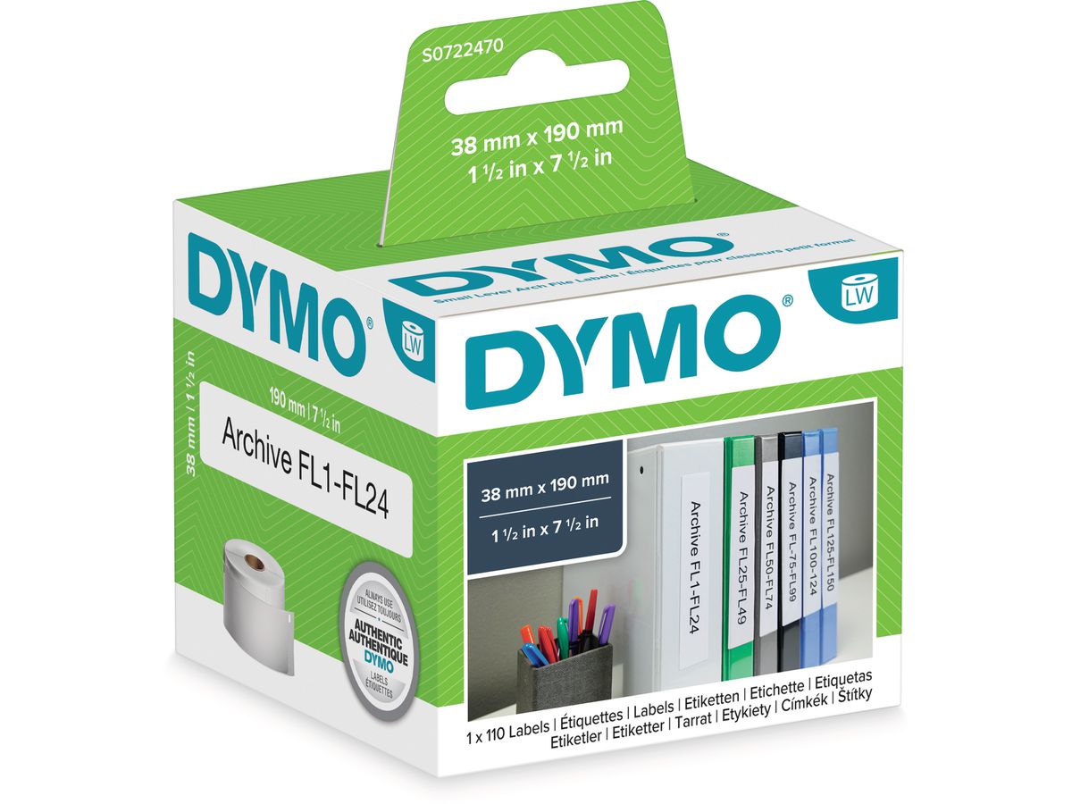 DYMO Etiquettes dorsale 38x190mm S0722470 blanc, permanente. 110 pcs. (5411313990189)